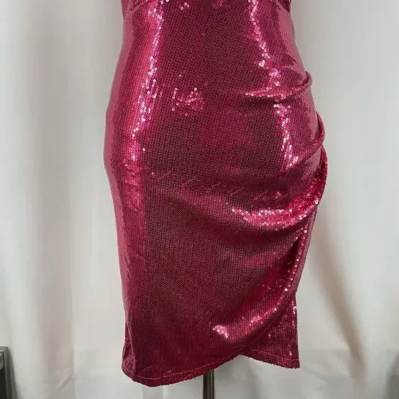 LULUS‎ Size S Glisten Up Sequin Mini Dress Hot Pink Bodycon Cocktail Party bling - Picture 3 of 11